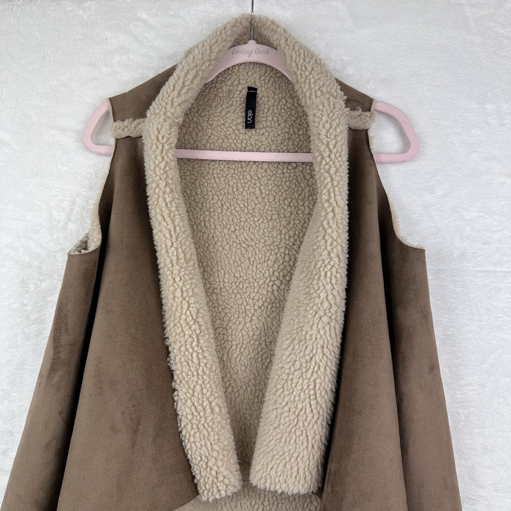 Elan Womens Vest Vegan Suede Sherpa One Size‎ S M L Tan Ivory - Picture 2 of 16